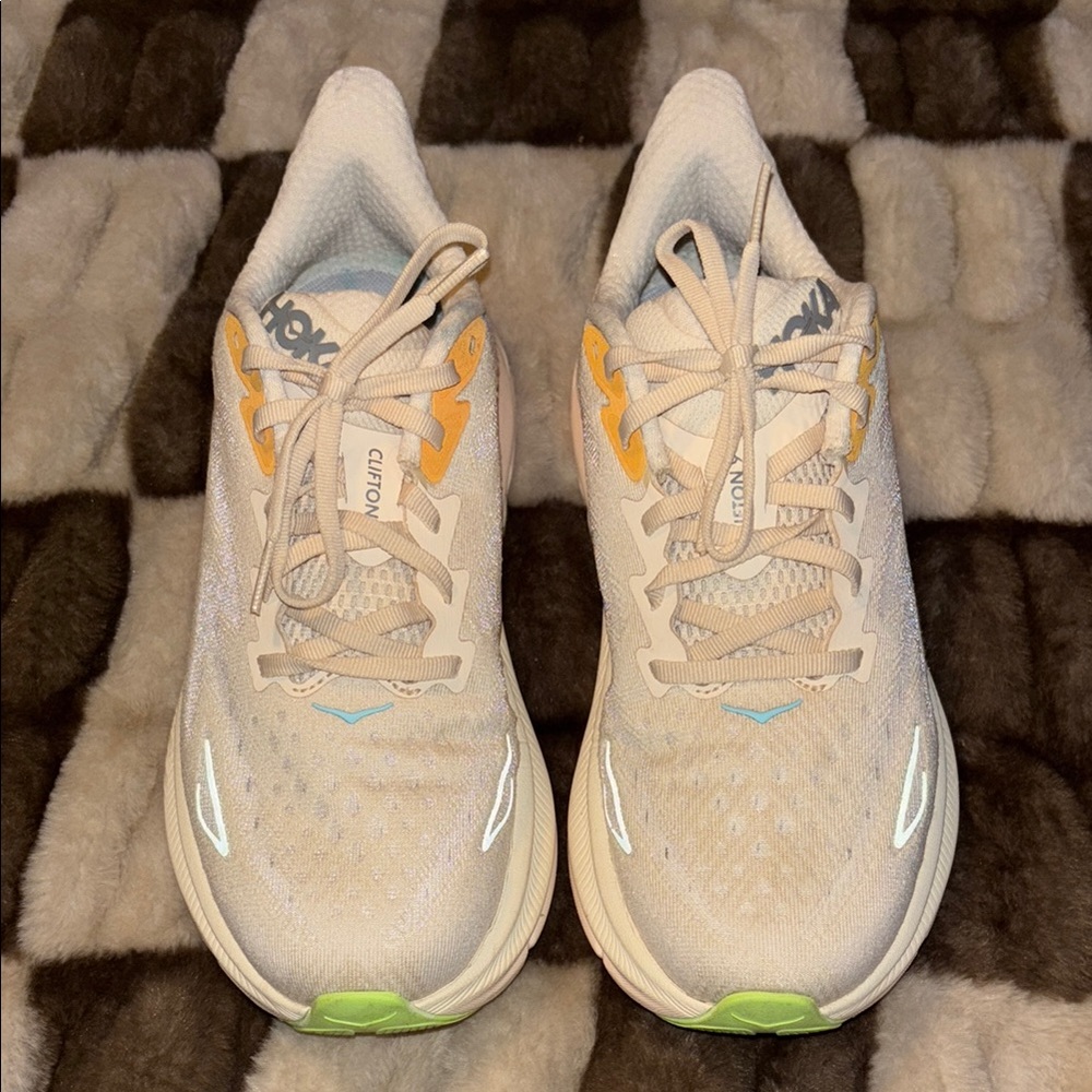 Hoka Clifton 9 Cream and Orange Athletic Shoes with Cushioned Sole